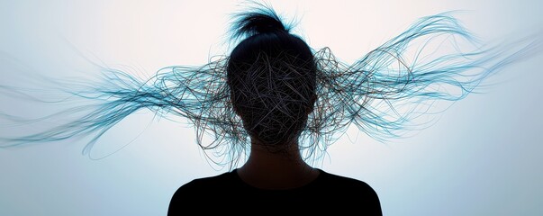 Fototapeta premium Silhouette of a Woman with Flowing Hair and Abstract Lines Representing Movement and Energy in a Creative Art Concept