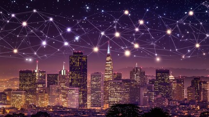 Fototapeta premium Glowing network connections over San Francisco's skyline at night, representing the city as a hub for technology, digital innovation, and global connectivity