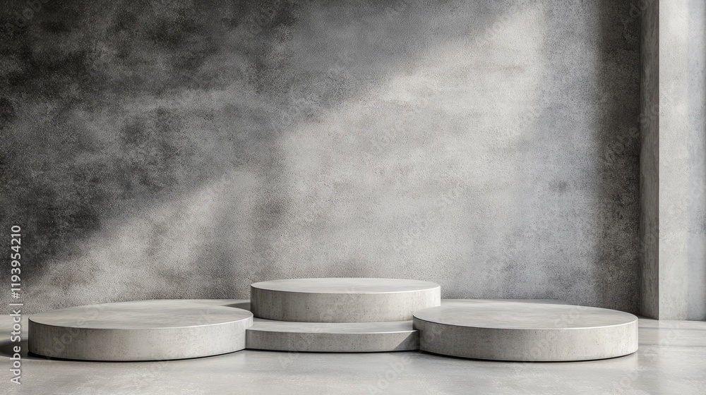 Poster Group of minimalistic concrete podiums arranged on a simple gray background, ideal for product display in a clean, empty space.