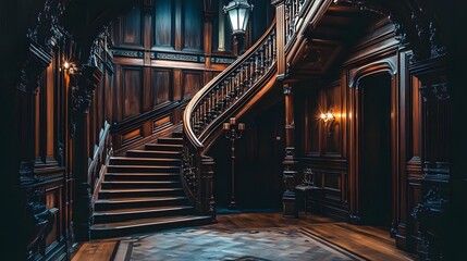Naklejka premium Grand Wooden Staircase in a Dark Mansion Hallway