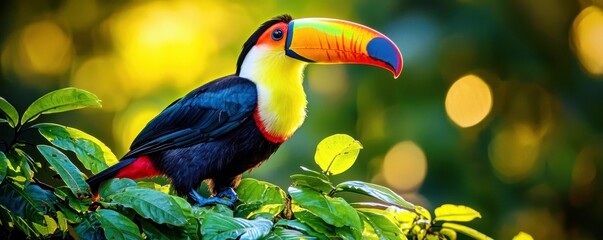Vibrant Toucan Perched on Green Leaves with a Lush Background and Stunning Colorful Bill in Natural Habitat