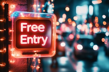 A glowing neon-themed voucher for a late-night club promotion, featuring â€œFree Entryâ€ text and vibrant lights