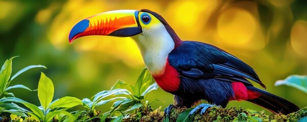 Vibrant toucan perched amidst lush greenery, showcasing its bright beak and colorful plumage, set against a soft, blurred tropical background