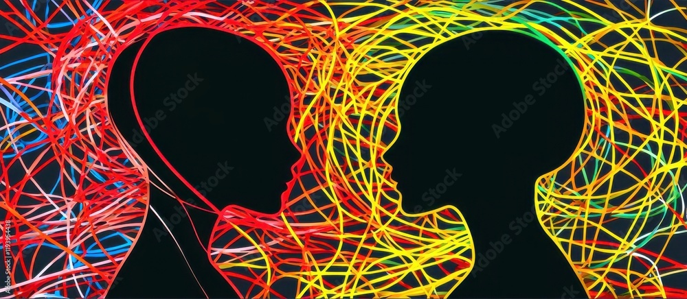 Poster silhouette of two faces with vibrant colorful lines creating an abstract background atmosphere of co