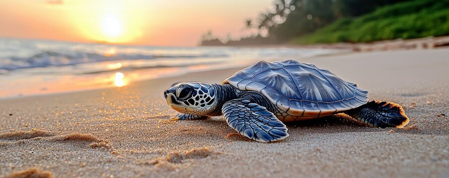 Sea turtle crawling on sandy beach at sunset with ocean waves in background and lush greenery lining the shore, vibrant colors and serene atmosphere