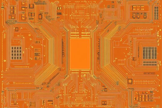 Close-up of an orange circuit board's intricate design. Illustrates technology, electronics, and connectivity concepts.