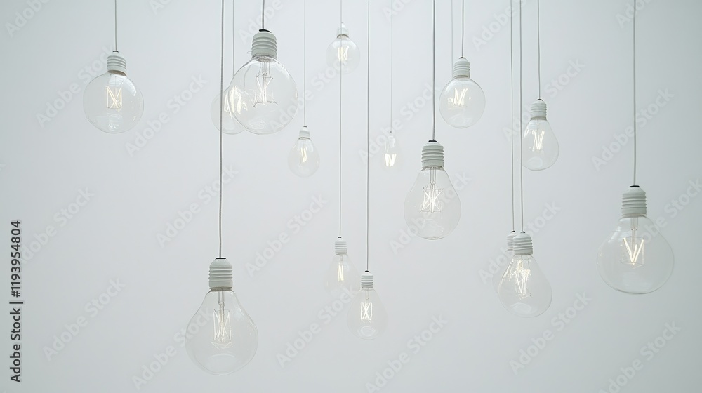 Poster light bulbs hanging from strings against a white background, symbolizing innovation, creativity, and