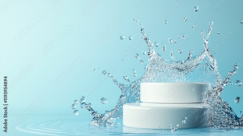 Poster minimalist white podiums on a blue background, enhanced with water splashes for a dynamic and clean 