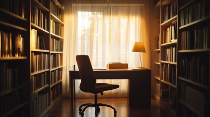 Minimalist modern home office design with a desk, ergonomic chair, and bookshelves, bathed in warm light from a lamp and sheer curtains