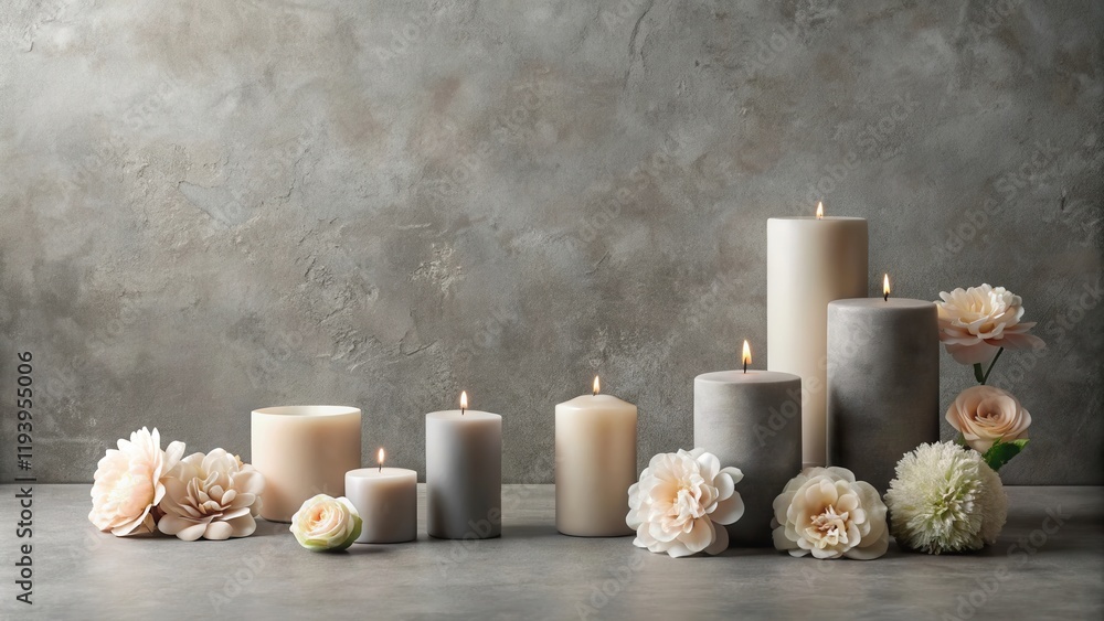 Aufkleber serene still life lit candles and delicate artificial flowers arranged on a textured surface