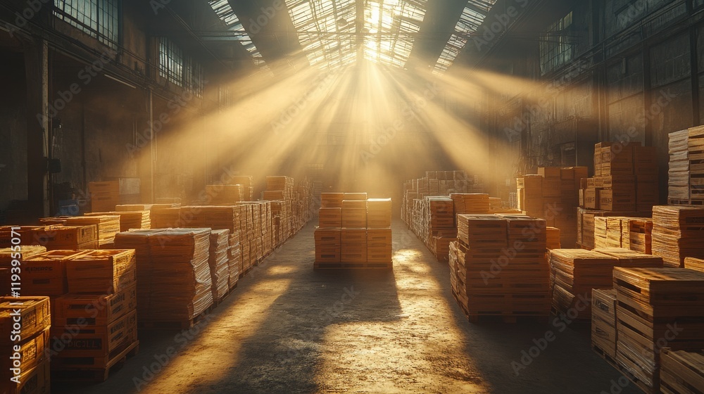 Poster sunlight streaming through dusty warehouse creating dramatic atmosphere with stacks of wooden crates