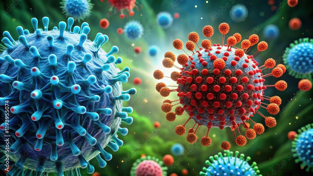 Aufkleber Microscopic View of Two Diverse Viral Structures Interacting in a Complex Cellular Environment