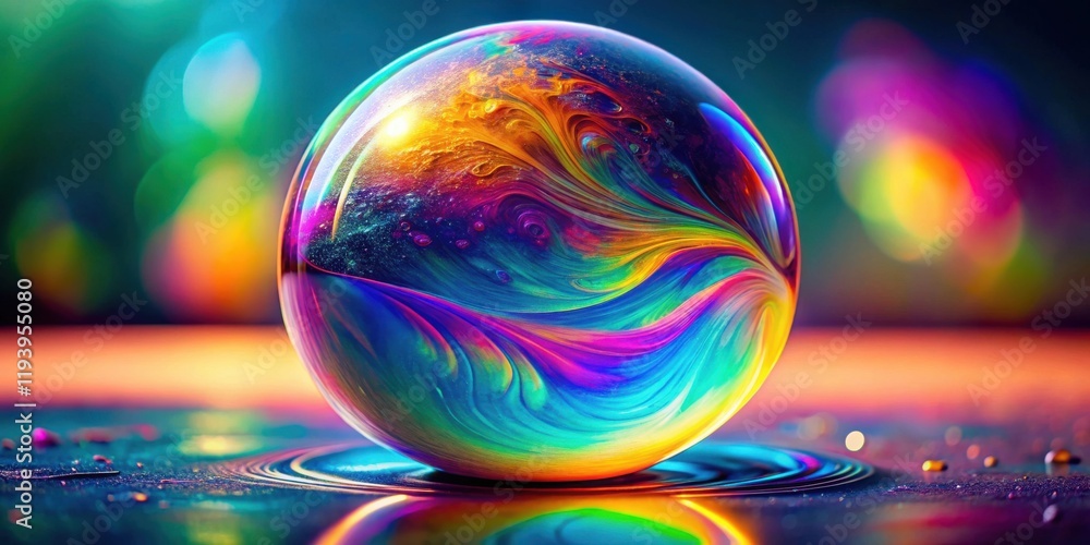 Poster a vibrant sphere of iridescent swirls rests on a reflective surface, showcasing captivating color bl