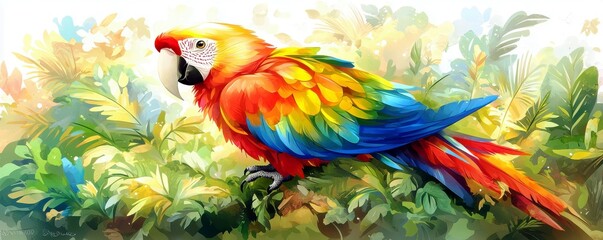 Obraz premium Vibrant Scarlet Macaw Perched Amidst Lush Tropical Foliage with Breathtaking Colors in a Stunning Wildlife Illustration