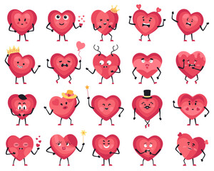 Large set of 20 adorable heart mascot characters displaying various emotions and expressions in Cartoon style. Vector illustration collection featuring different heart emoticons with arms and legs