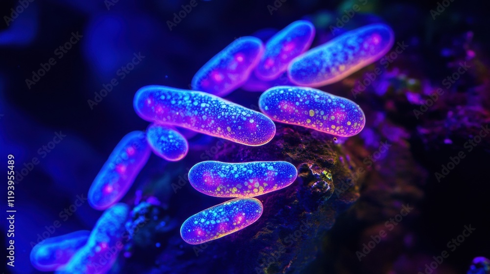 Leinwandbilder microscopic observation of glowing bacteria illuminated by uv light in a dark environment. generativ