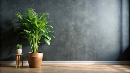 A large potted plant and a small potted succulent on a wooden side table against a dark textured wall in a sunlit room