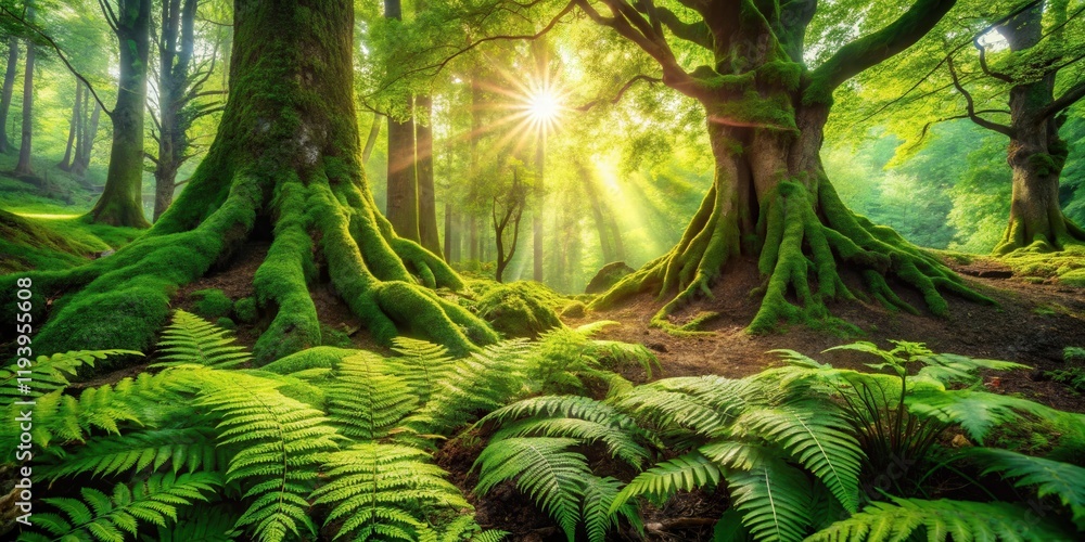 Poster sunlit forest scene with moss covered tree roots and lush ferns
