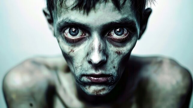 a gaunt homeless man with hollow eyes and a trembling expression.