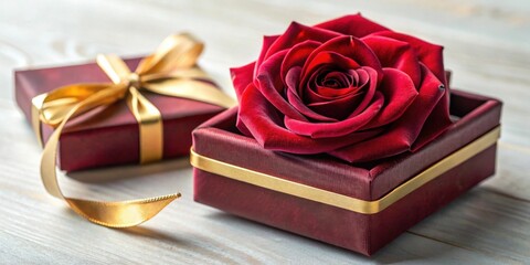 Burgundy Gift Box with a Single Deep Red Rose and Gold Ribbon