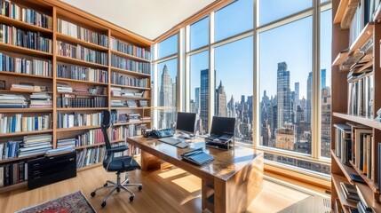 Fototapeta premium Stylish and functional workspace with a wooden desk, black chair, computer, bookshelves, and a wide city view through large windows