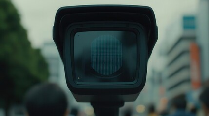 Camera lens focusing on a digital display, capturing a crowd in an urban setting.