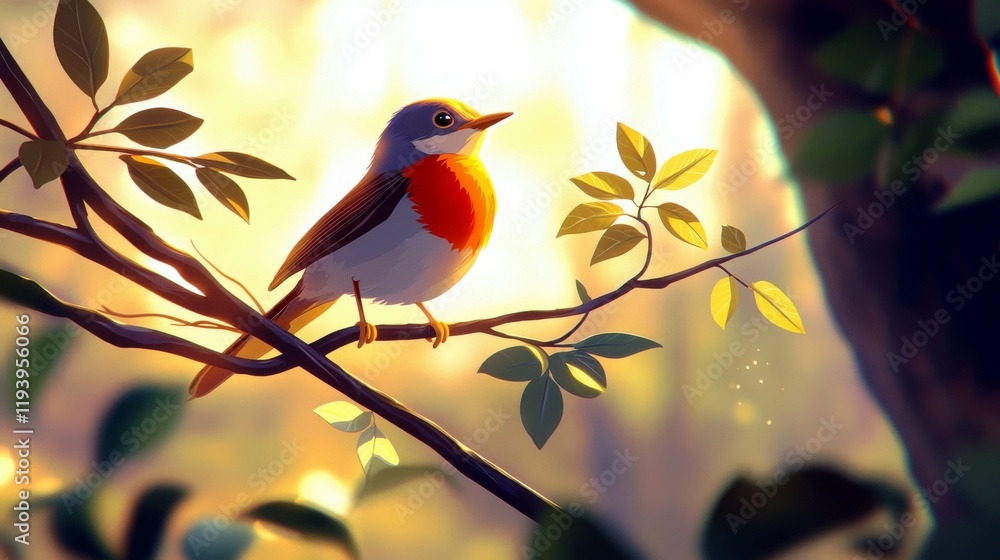 Aufkleber vibrant bird perched on a branch amidst soft sunlight filtering through leaves in an enchanting fore