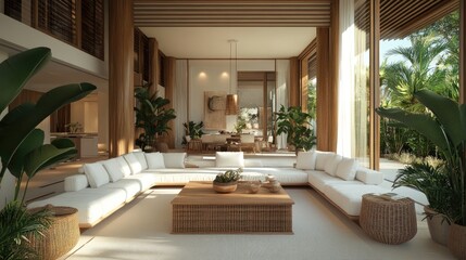 Fototapeta premium Stylish modern living room with white sofas, a wooden coffee table, rattan decor, plants, and large windows allowing sunlight to flood the space