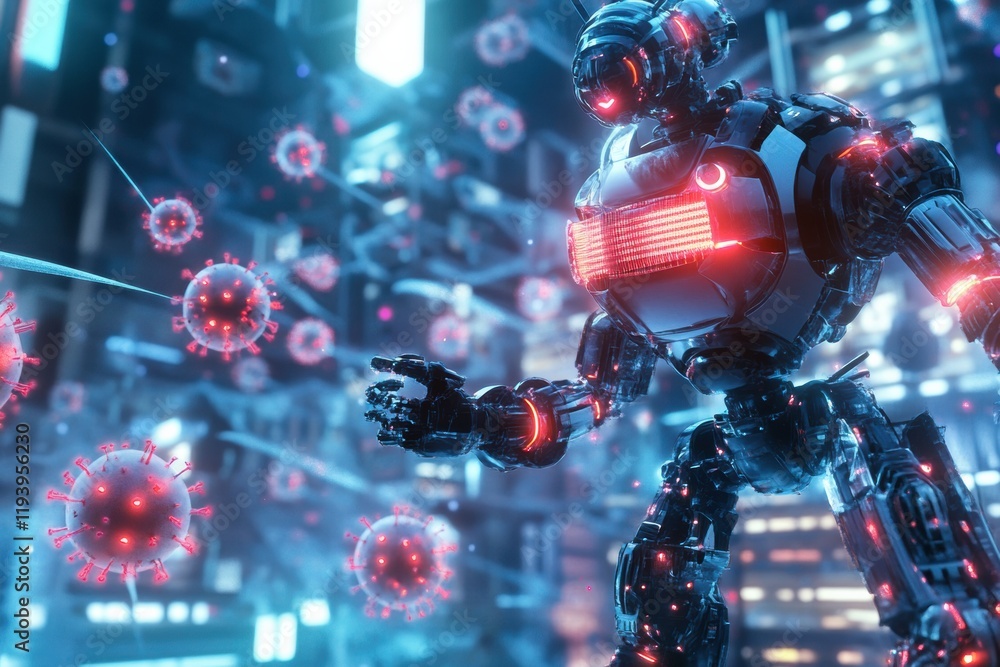 Fototapete innovative robots engage in virus neutralization within a futuristic environment. generative ai