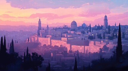 Naklejka premium The cityscape of Jerusalem at dawn, showcasing the ancient architecture, religious landmarks, and timeless beauty of the Holy City.