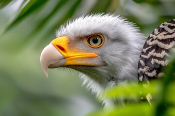 A hyper-realistic close-up of a vulture head, with detailed textures of its wrinkled skin, sharp beak, and focused eyes, set against a softly blurred natural background