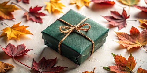 Autumnal Gift Presentation A Dark Green Wrapped Present Adorned with a Simple Twine Bow, Surrounded by Vibrant Fall Foliage
