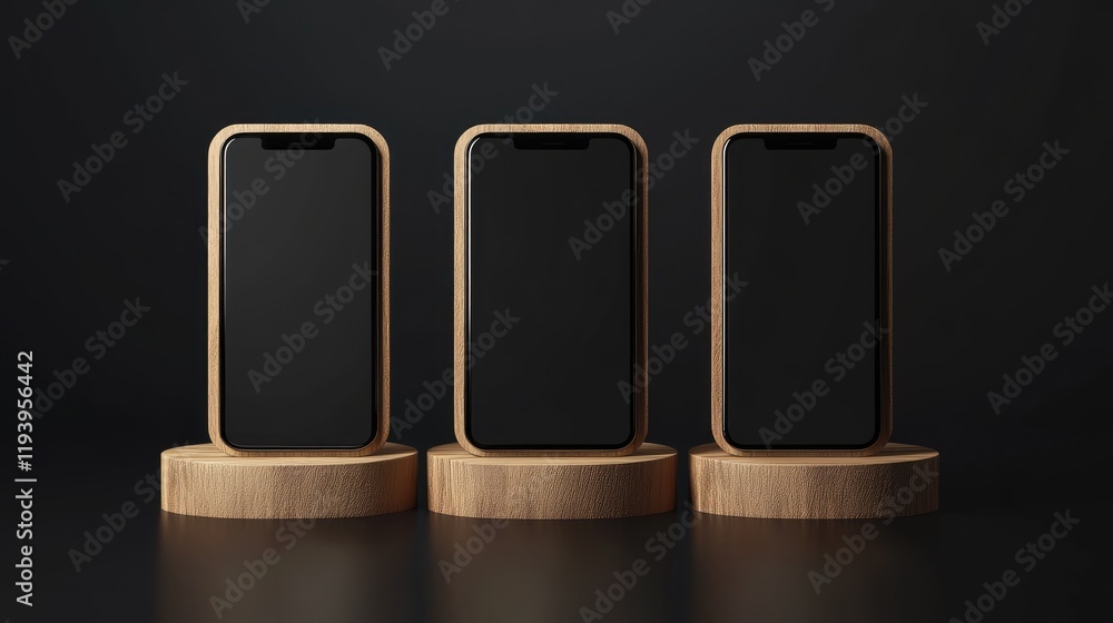 Poster three modern smartphones with blank screens showcased on wooden podiums, creating a clean mockup sce