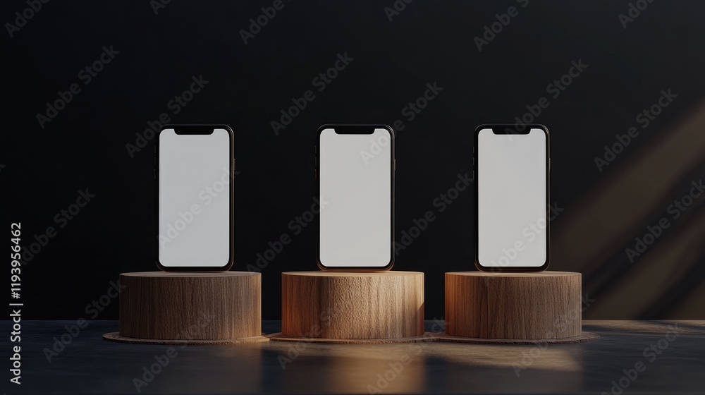 Poster three modern smartphones with blank screens showcased on wooden podiums, creating a clean mockup sce