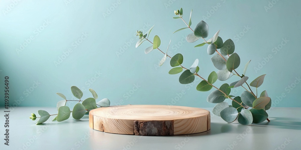 Poster serene wooden display with eucalyptus branches on a teal background