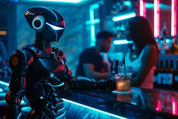 Naklejka premium A futuristic robot sits at a bar, observing two people engaging in conversation.