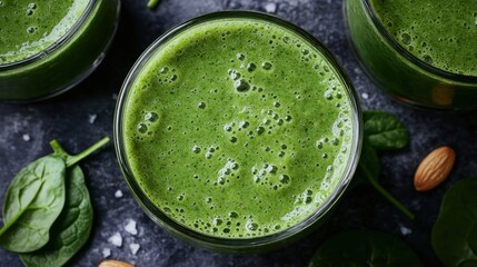 Green smoothies with spinach and almonds on dark background.