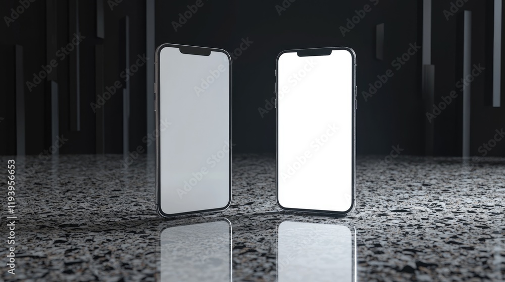 Poster two blank smartphones floating above a terrazzo surface, presented in a minimalist mockup on a dark 
