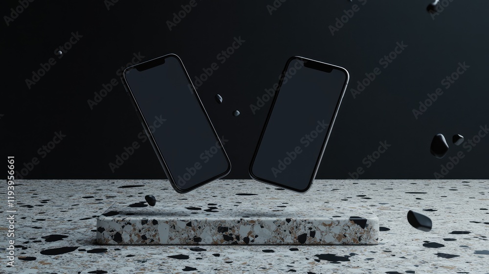 Poster two blank smartphones floating above a terrazzo surface, presented in a minimalist mockup on a dark 