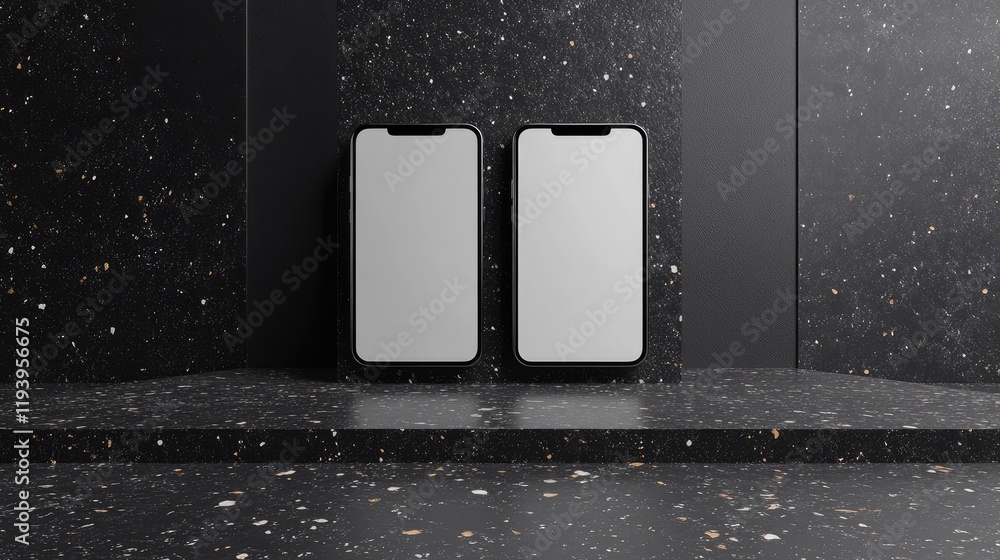 Poster two blank smartphones floating above a terrazzo surface, presented in a minimalist mockup on a dark 