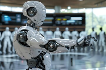Fototapeta premium A futuristic robot stands in a high-tech environment surrounded by humanoid figures.