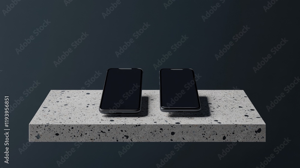 Poster two smartphones floating above a terrazzo surface in a sleek, modern mockup presentation on a dark b