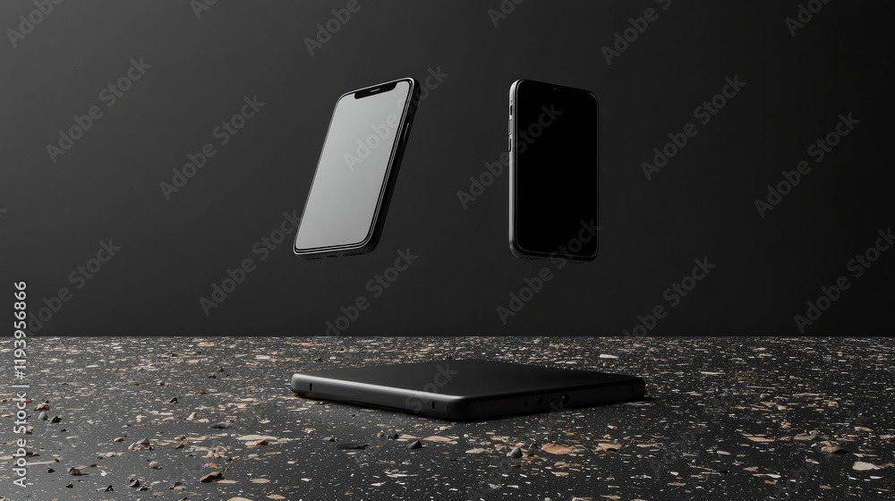 Poster two smartphones floating above a terrazzo surface in a sleek, modern mockup presentation on a dark b