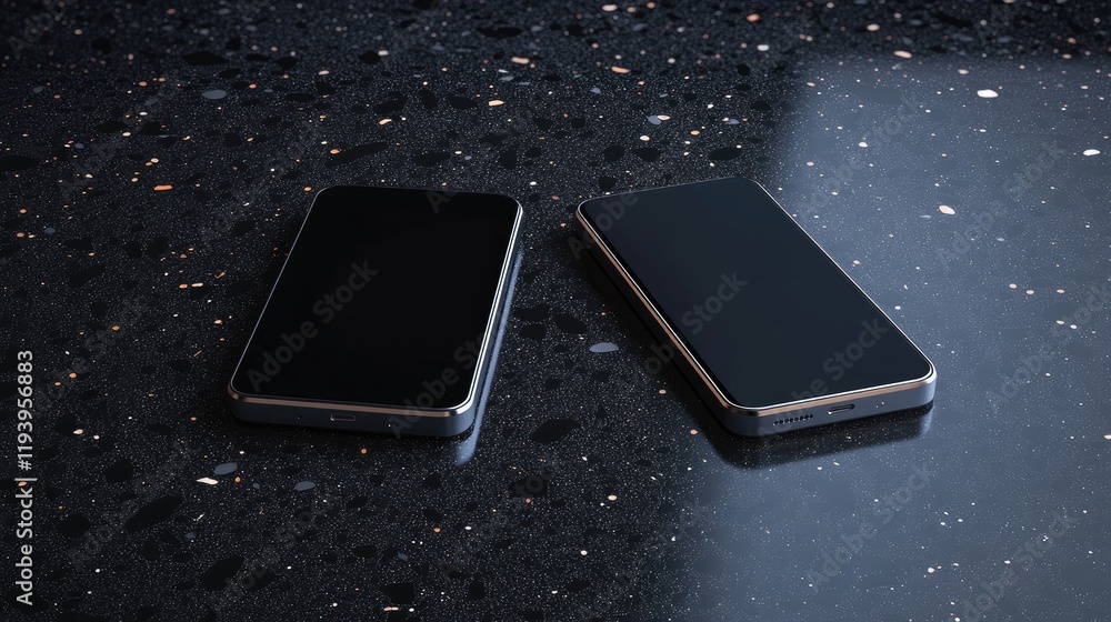 Poster two smartphones floating above a terrazzo surface in a sleek, modern mockup presentation on a dark b