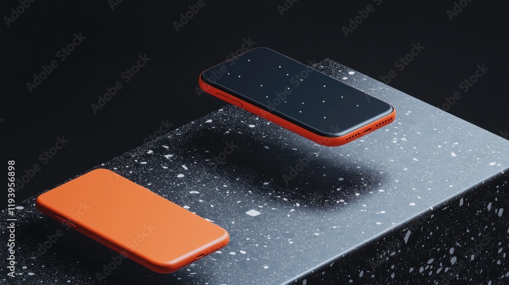 Poster two smartphones floating above a terrazzo surface in a sleek, modern mockup presentation on a dark b