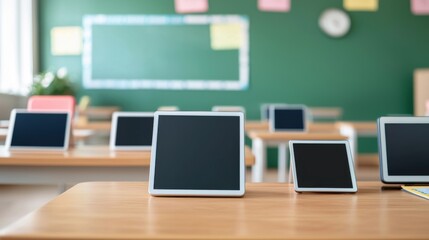 Modern classroom featuring tablets on desks, highlighting technology in education.