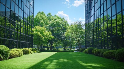 Green space between buildings with clear blue sky and white clouds.