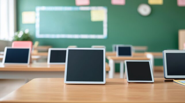 Modern classroom featuring tablets on desks, highlighting technology in education.