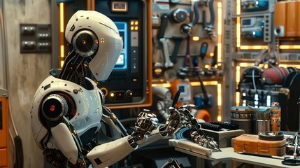 Fototapeta premium A futuristic robot working at a desk surrounded by advanced technology and tools.