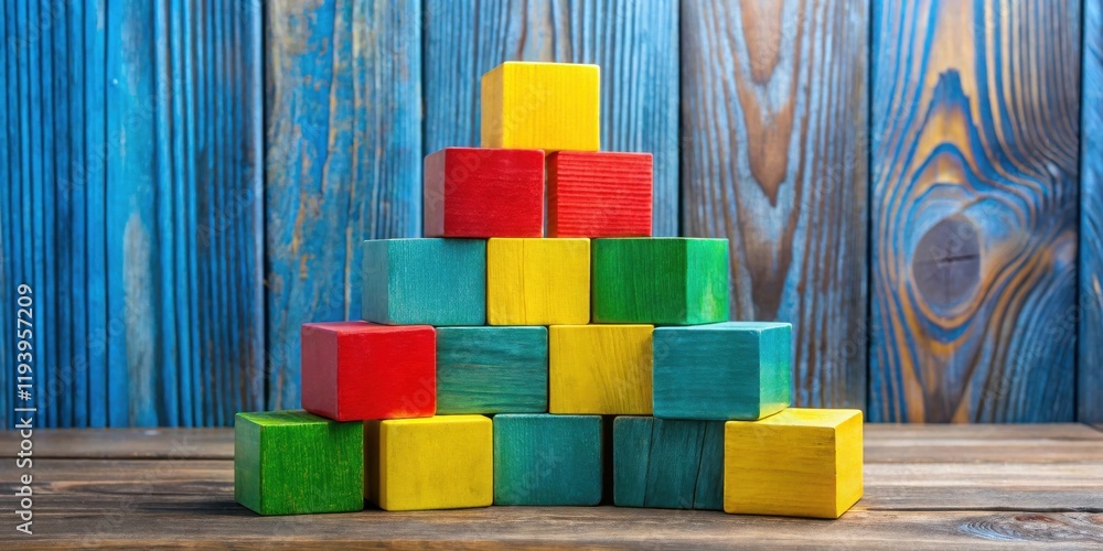 Poster colorful wooden blocks stacked in a pyramid shape on a rustic wooden surface